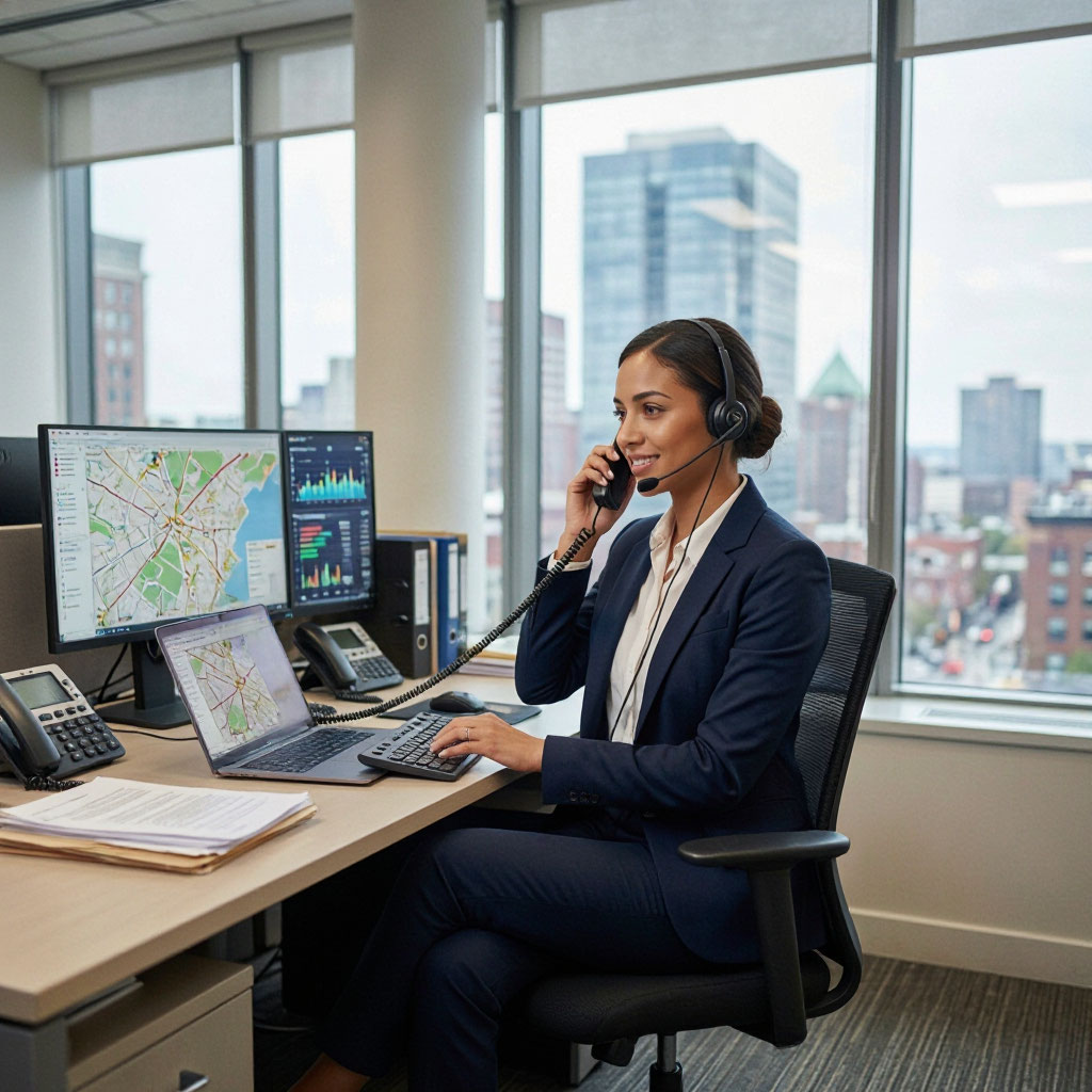Customer service coordinator answering dispatch calls at Baltimore headquarters