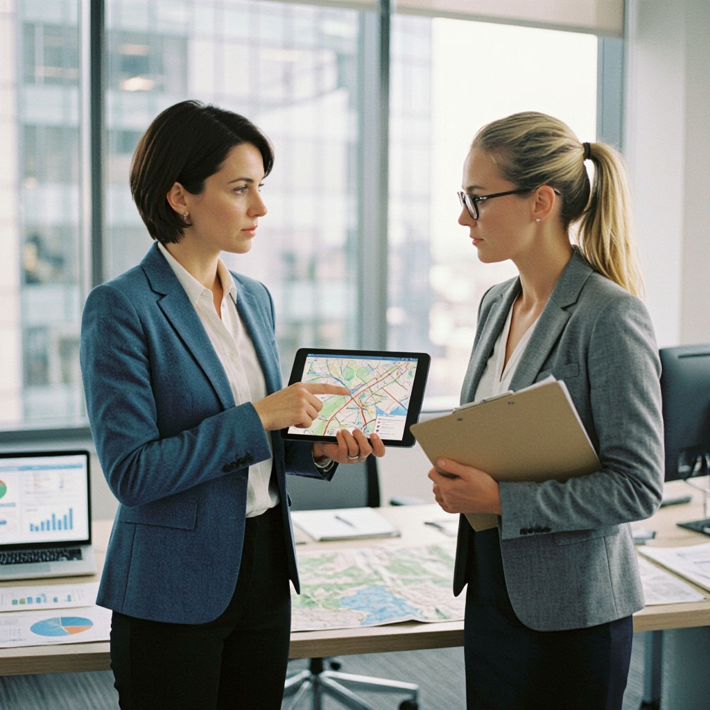 Two route planners reviewing a service schedule