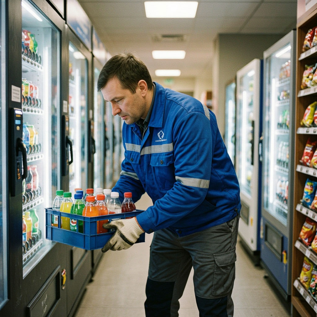 Route technician restocking a vending machine on schedule