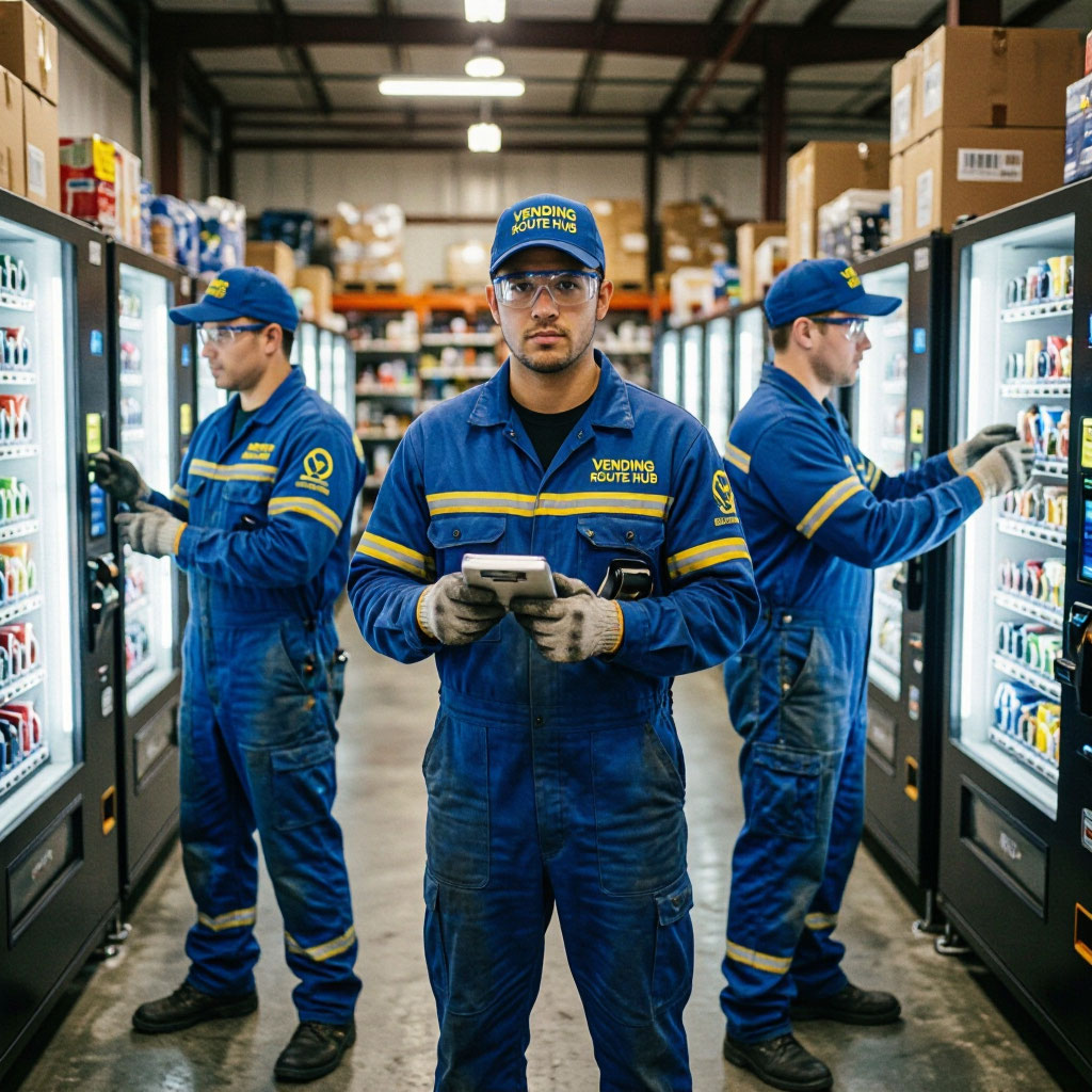Vending Route Hub technicians collaborating at the Baltimore warehouse