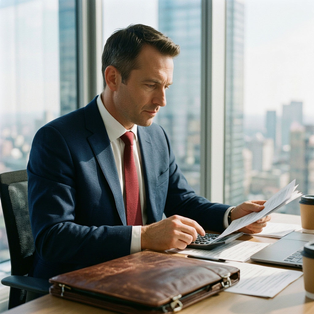 Business owner reviewing a route service invoice