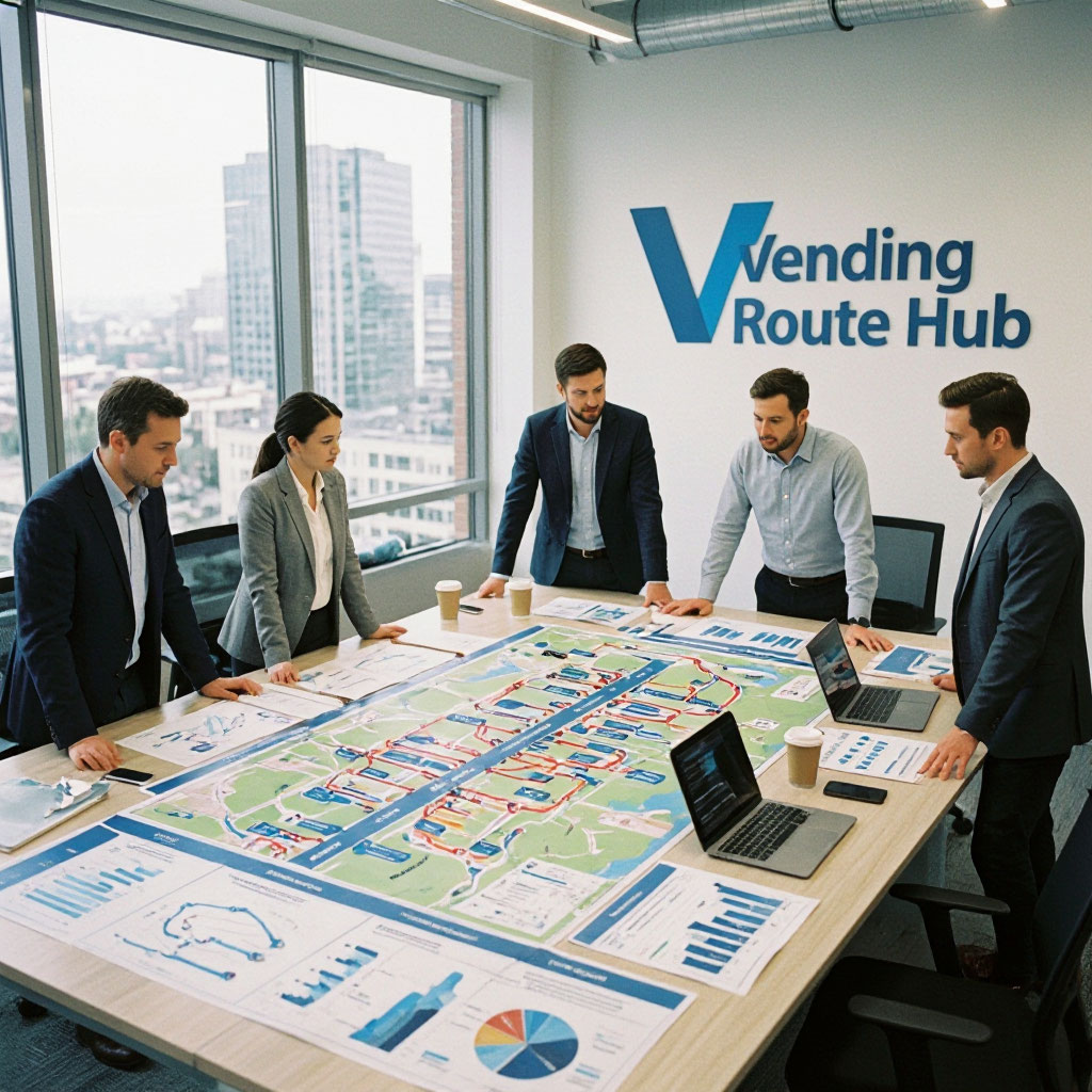 Vending Route Hub team meeting around a route operations table