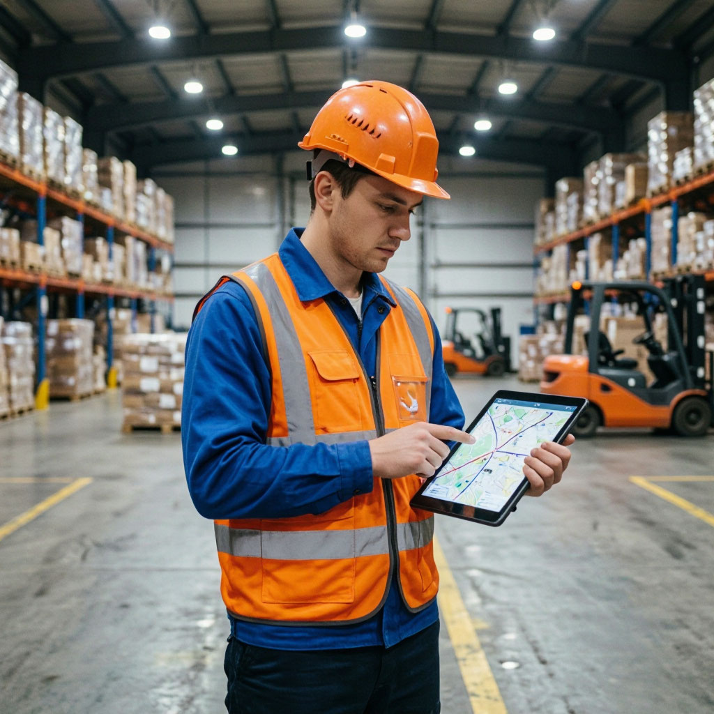 Warehouse vending fleet coordinator reviewing route logistics