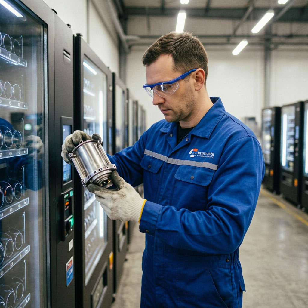Technician inspecting a replaced vending machine component under warranty