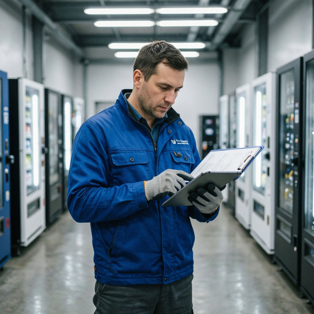 Technician reviewing manufacturer warranty documentation for vending equipment