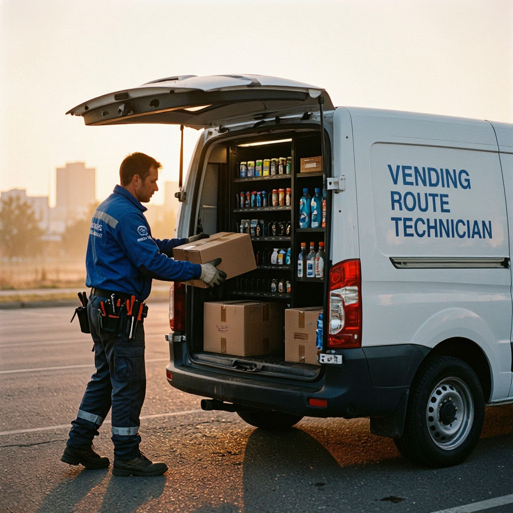 Vending route technician loading a service van in the morning