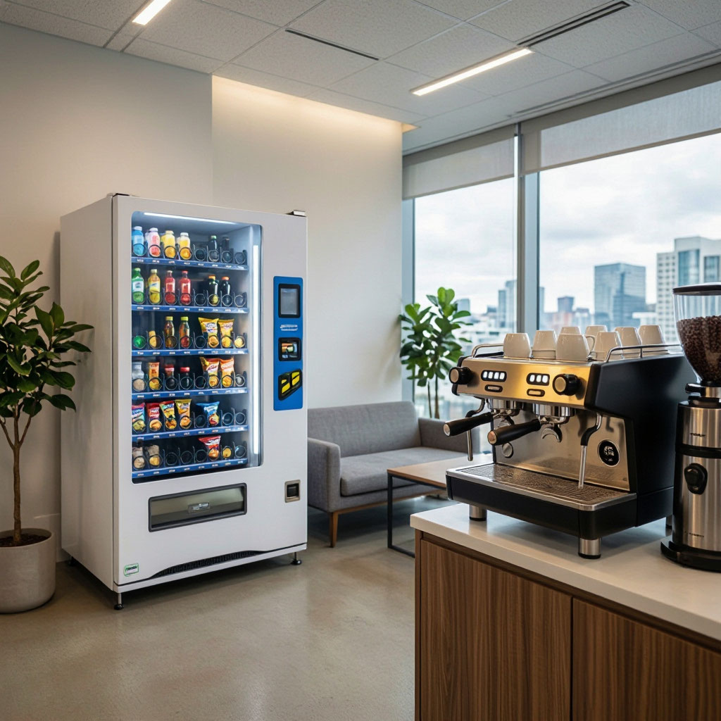 Modern office breakroom with vending and coffee equipment