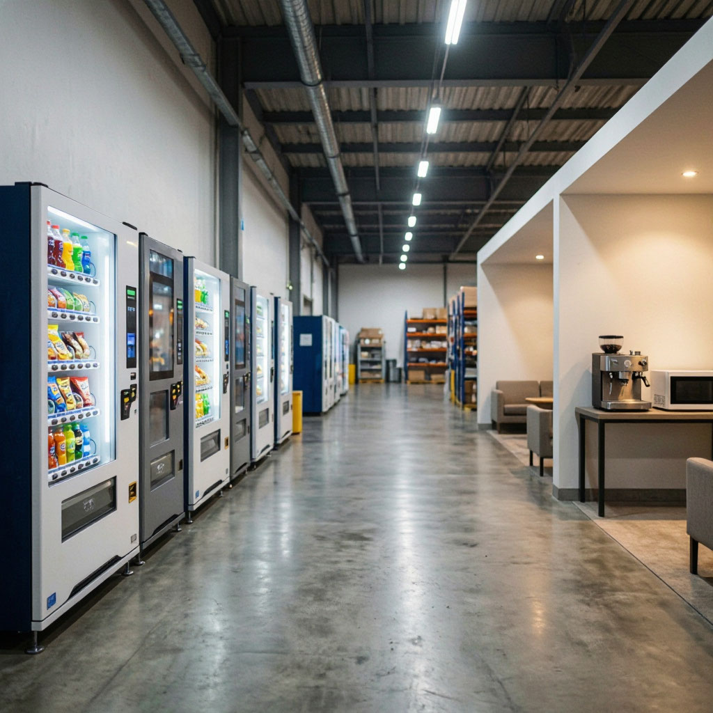 Distribution center warehouse with vending equipment in breakroom